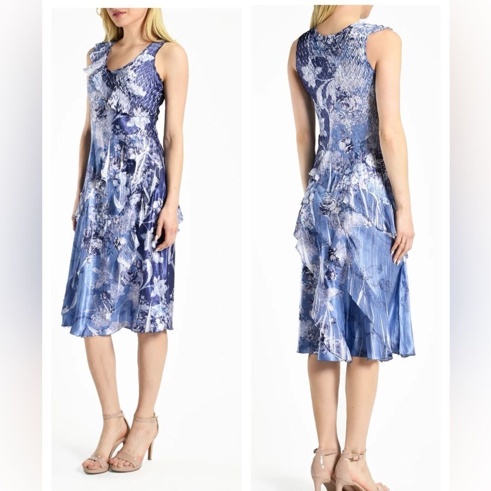 Komarov Charmeuse & Chiffon Short Sleeveless Dress w/ Ruffle L $380